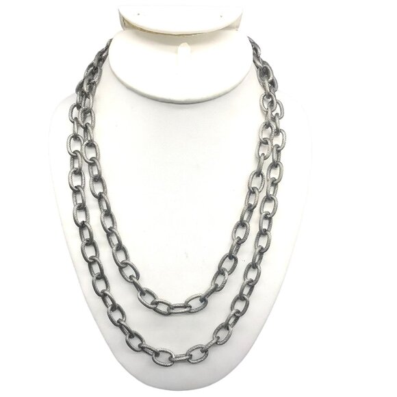 Vintage M Infinity Chain Necklace, Pewter Tone Textured Oval Cable Links - Picture 1 of 6